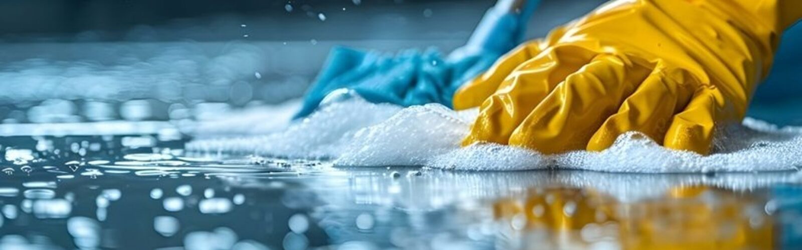 A person in yellow gloves and blue gloves cleaning a floor